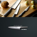 Three Global Ikasu knives displayed on a wooden cutting board with onions and a potato in the background.