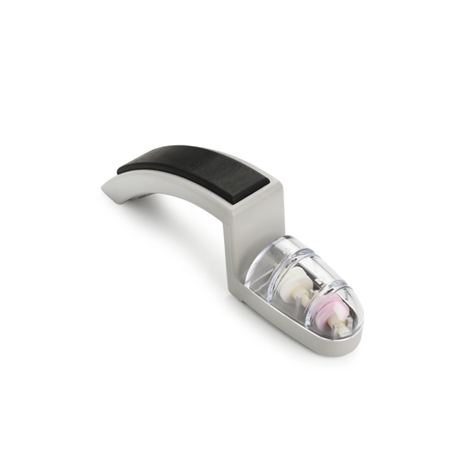 Global MinoSharp 2-stage ceramic sharpener with a sleek silver and black design, featuring transparent compartments showing internal pink and white ceramic wheels.