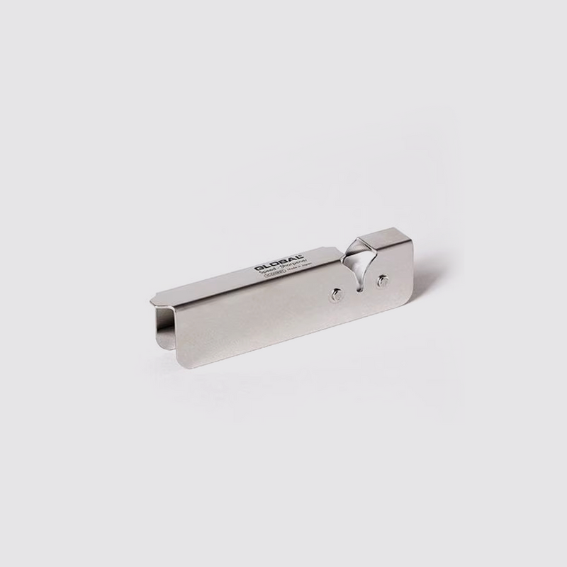 The Global Speed Sharpener (GSS-01), a compact, all-stainless-steel pull-through knife sharpener, shown on a plain background.
