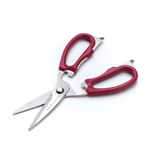 The Green Bell multi-purpose kitchen scissors with red handles, shown in their official Japanese retail packaging.
