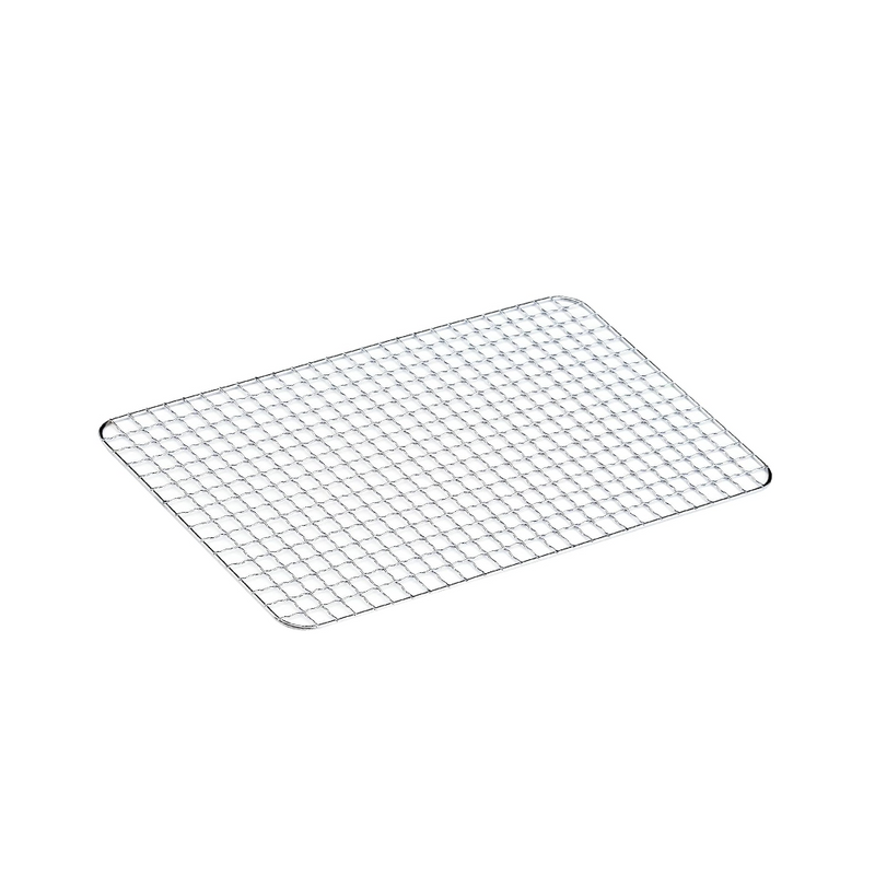 A product image of the 35cm x 21cm reusable steel konro grill mesh, showing its woven wire construction and rounded corners on a white background.

