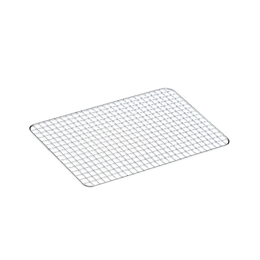 A product image of the 35cm x 21cm reusable steel konro grill mesh, showing its woven wire construction and rounded corners on a white background.

