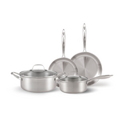 The Happycall Stay 6-piece clad stainless steel cookware set, showing the 24cm pot, 18cm saucepan, and the 24cm and 28cm frypans, all with a brushed steel finish.

