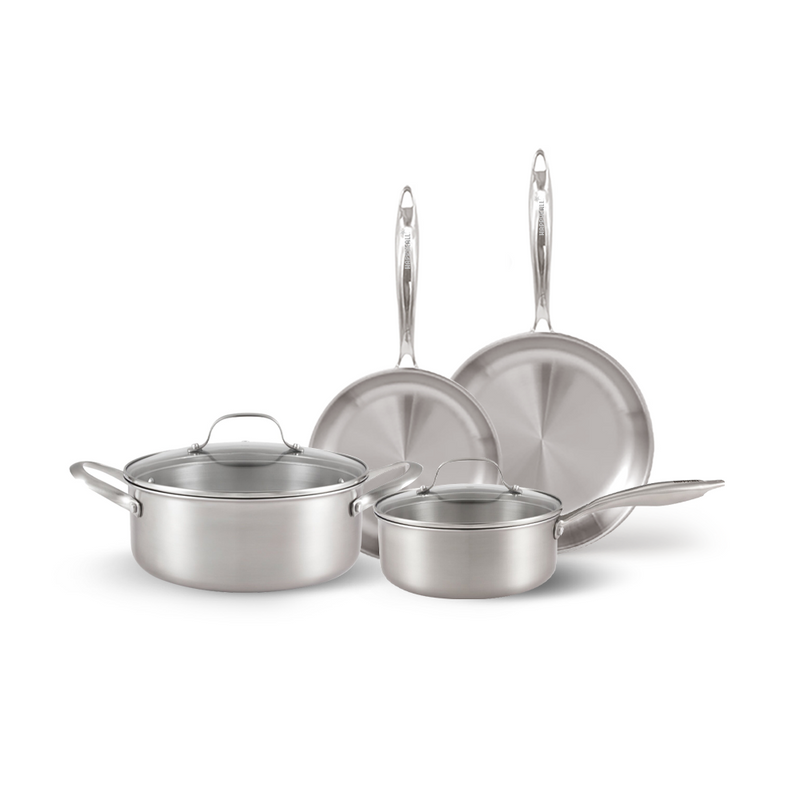The Happycall Stay 6-piece clad stainless steel cookware set, showing the 24cm pot, 18cm saucepan, and the 24cm and 28cm frypans, all with a brushed steel finish.

