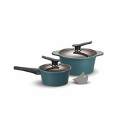The Happycall Onde ceramic nonstick induction pot set in an ocean green finish, showing the 18cm saucepan, the 24cm pot, and a pair of silicone pot holders.
