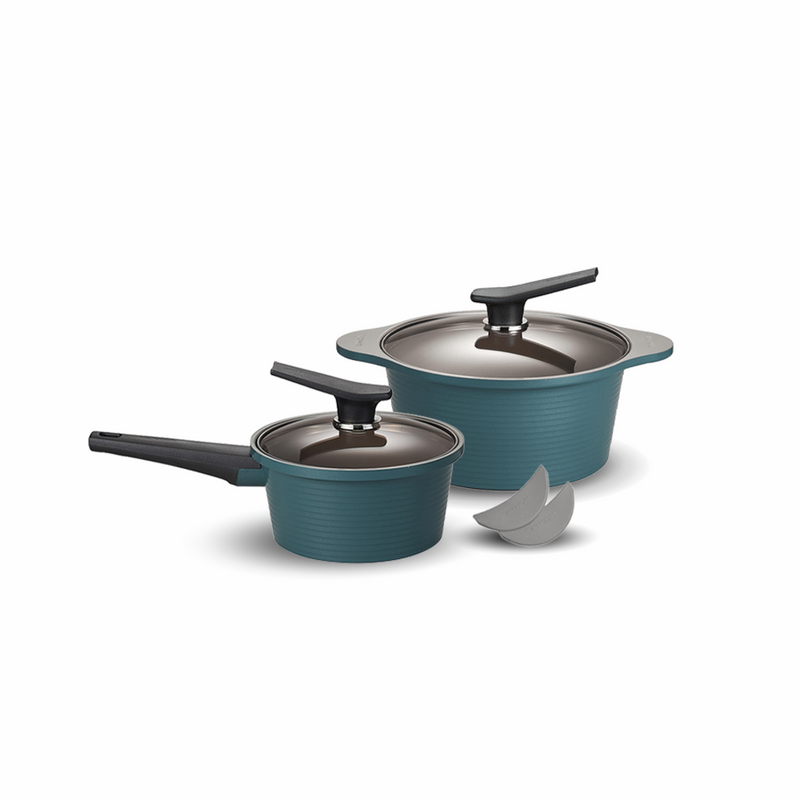 The Happycall Onde ceramic nonstick induction pot set in an ocean green finish, showing the 18cm saucepan, the 24cm pot, and a pair of silicone pot holders.
