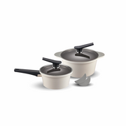 The Happycall Onde ceramic nonstick induction pot set in an ivory finish, showing the 18cm saucepan, the 24cm pot, and a pair of silicone pot holders.
