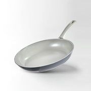 The 28cm Happycall BlitZ ceramic nonstick induction frypan, showing its dark grey exterior, light grey interior, and matching light grey handle, angled on a white background.