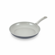 The 28cm Happycall BlitZ ceramic nonstick induction frypan, showing its dark grey exterior, light grey interior, and matching light grey handle, angled on a white background.
