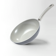 The 28cm Happycall BlitZ ceramic nonstick induction wok, showing its dark grey exterior, light grey interior, and matching light grey handle, angled on a white background.
