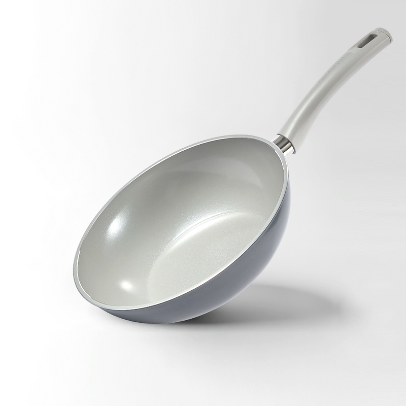 The 28cm Happycall BlitZ ceramic nonstick induction wok, showing its dark grey exterior, light grey interior, and matching light grey handle, angled on a white background.