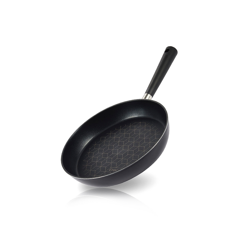 The black 28cm Happycall Crocodile Direction Series nonstick induction frypan, showing its hexagonal patterned interior and modern black handle, angled on a white background.

