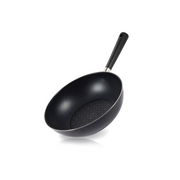 The black 28cm Happycall Crocodile Direction Series nonstick induction wok, showing its deep sides and hexagonal patterned interior, angled on a white background.

