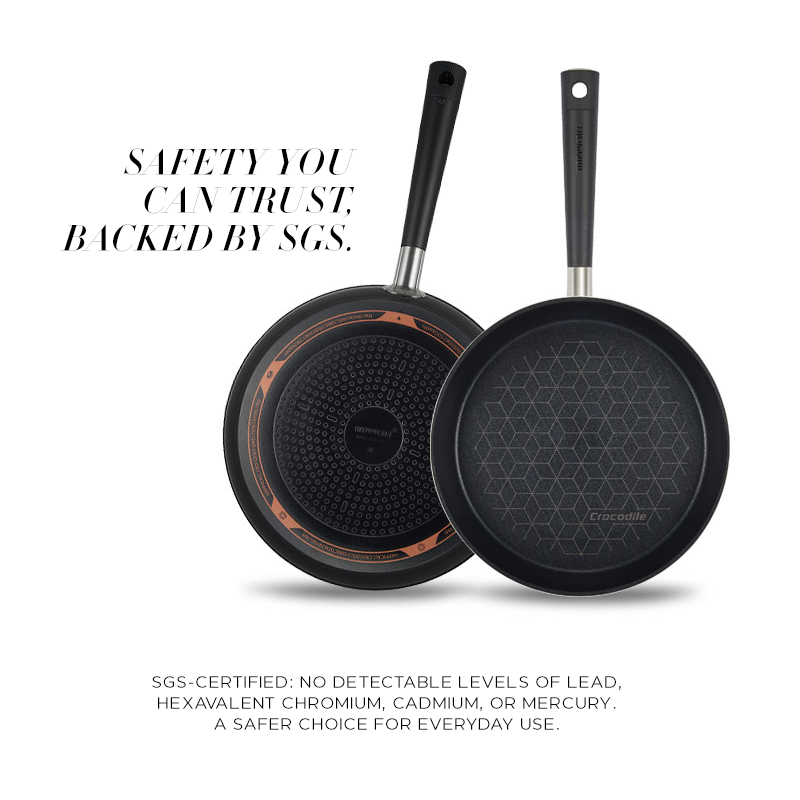 Back and front views of Happycall Crocodile Direction pans with safety certification text from SGS.

