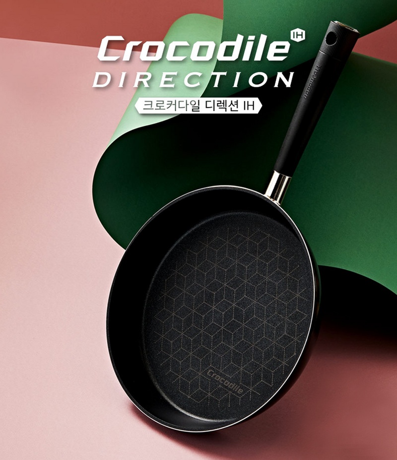 Top view of Happycall Crocodile Direction Frypan featuring geometric nonstick surface and black handle on a coloured background.

