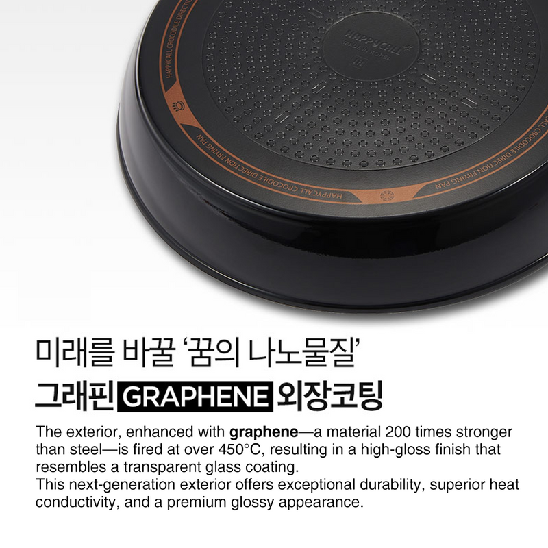Close-up of the graphene-coated base of Happycall Crocodile Direction pan showing heat distribution pattern.

