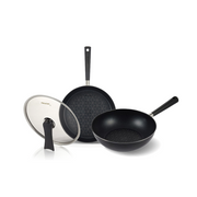 The 3-piece Happycall Crocodile Direction Series cookware set, including a 28cm frypan, 28cm wok, and a self-standing lid, shown with modern black handles on a white background.
