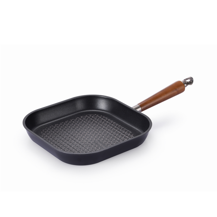 Happycall Crocodile Graphene Nonstick Induction Grill Pan with wooden handle, 28cm size, showcasing a square-shaped grilling surface.