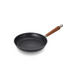 A side view of the Happycall Crocodile Graphene Frypan, featuring a dark, nonstick surface with a hexagonal graphene pattern, complemented by a sleek wooden handle.