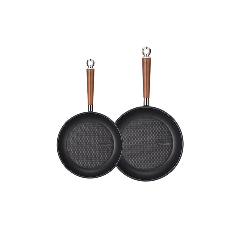 The 2-piece Happycall Crocodile Graphene nonstick induction frypan set, showing the 24cm and 28cm frypans with their hexagonal patterned surfaces and wood-style handles.
