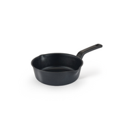 The 22cm Happycall Flex 3-in-1 nonstick induction saucepan in matte black, showing its deep sides and dual pouring spouts, angled on a white background.
