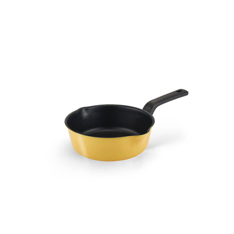 The 20cm Happycall Flex 3-in-1 nonstick induction saucepan, showing its bright yellow exterior, black interior, and dual pouring spouts, angled on a white background.
