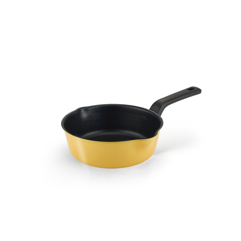 The 20cm Happycall Flex 3-in-1 nonstick induction saucepan, showing its bright yellow exterior, black interior, and dual pouring spouts, angled on a white background.
