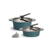 The Happycall Onde ceramic nonstick induction pot set in an ocean green finish, showing the 28cm stockpot, the low 24cm pot, and a pair of silicone pot holders.
