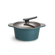 The 24cm Happycall Onde ceramic nonstick induction pot in an ocean green finish, shown with its self-standing tinted glass lid and featuring a ridged exterior.
