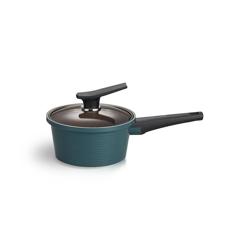 An 18cm Happycall Onde ceramic nonstick saucepan in Ocean Green, shown with its self-standing glass lid.