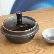 The black 18cm Happycall Korean Induction Cauldron (gamasot) with its wide, flat rim and matching glass lid, angled on a white background.