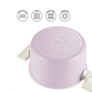 Bottom view of the Happycall Meister Edge IH 20cm pot showing compatibility with induction, gas, electric, and ceramic cooktops.

