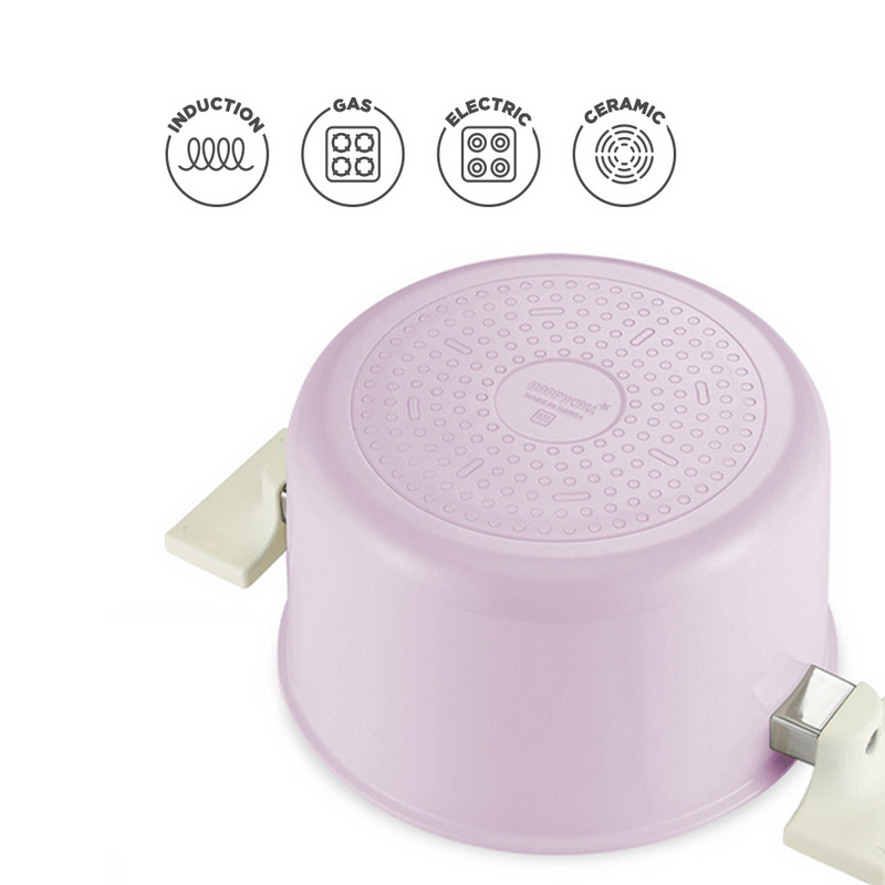 Bottom view of the Happycall Meister Edge IH 20cm pot showing compatibility with induction, gas, electric, and ceramic cooktops.

