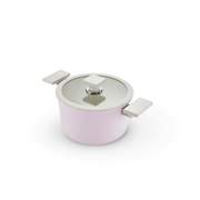 Happycall Meister Edge IH 20cm pot in pastel pink with dual side handles and a glass lid.

