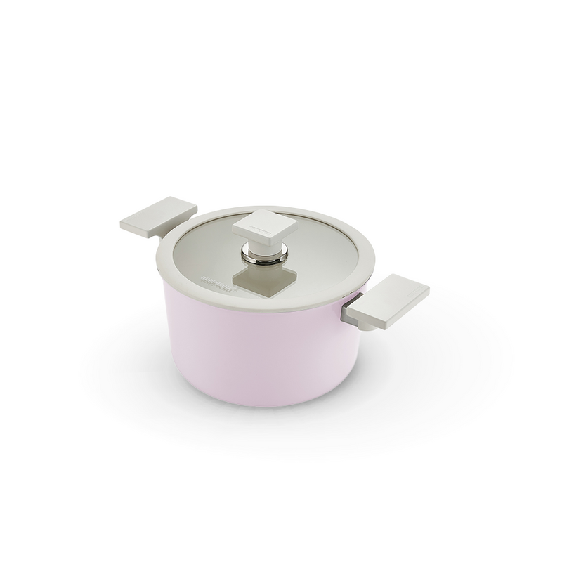 Happycall Meister Edge IH 20cm pot in pastel pink with dual side handles and a glass lid.

