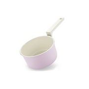 Angled view of the Happycall Meister Edge IH 16cm saucepan in light pink with an off-white handle.



