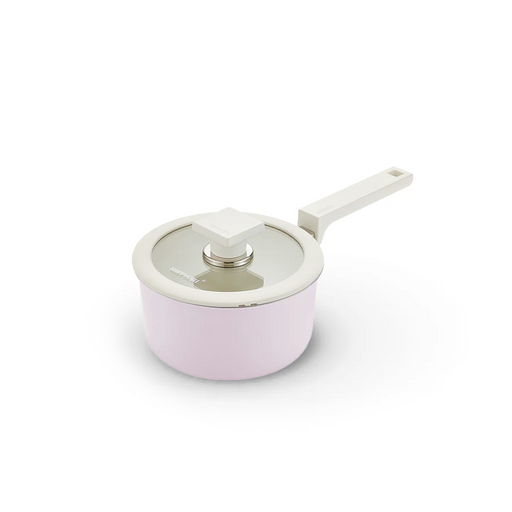 The 16cm Happycall Meister Edge ceramic nonstick induction saucepan in a pastel lavender finish, shown with its matching glass lid and modern grey handle.