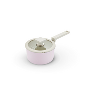 The 16cm Happycall Meister Edge ceramic nonstick induction saucepan in a pastel lavender finish, shown with its matching glass lid and modern grey handle.



