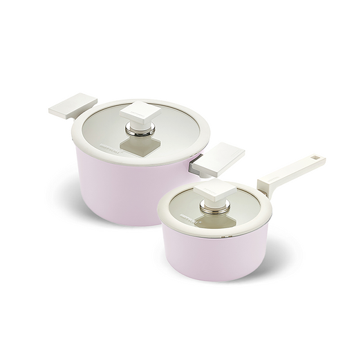 The Happycall Meister Edge 2-piece ceramic pot set in a pastel lavender finish, showing the 16cm saucepan and 20cm pot with matching glass lids and modern grey handles.
