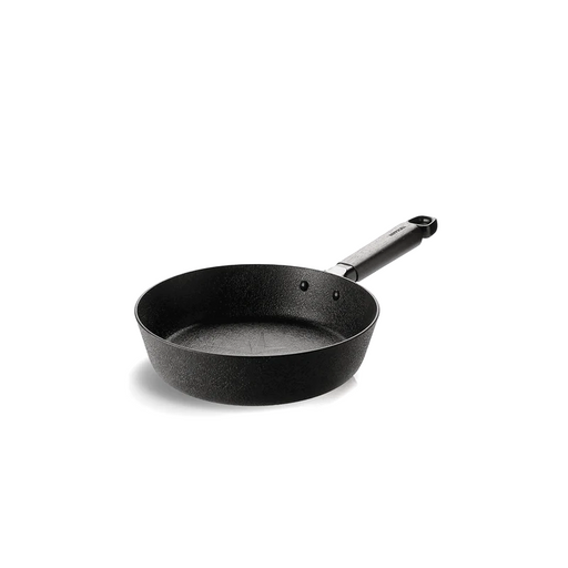 The 22cm Happycall Noire Titanium Plus nonstick induction frypan, showing its unique dark textured 'magma' surface and simple black handle, angled on a white background.