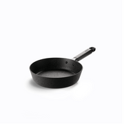 The 22cm Happycall Noire Titanium Plus nonstick induction frypan, showing its unique dark textured 'magma' surface and simple black handle, angled on a white background.
