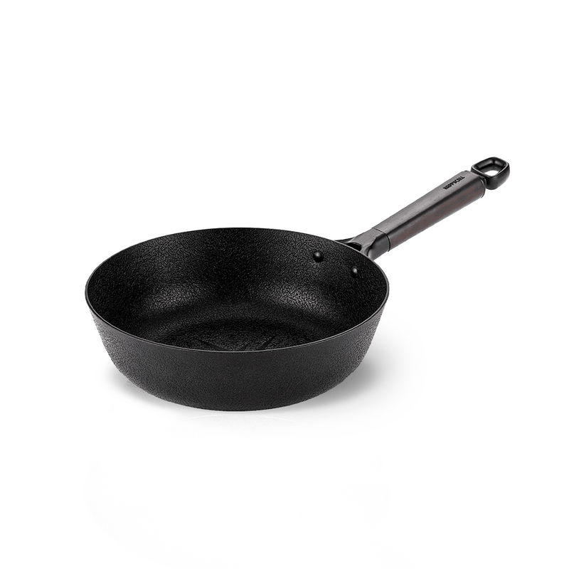 The 26cm Happycall Noire Titanium Plus nonstick induction wok, featuring a unique dark textured 'magma' surface both inside and out, and a dark wood-style handle.
