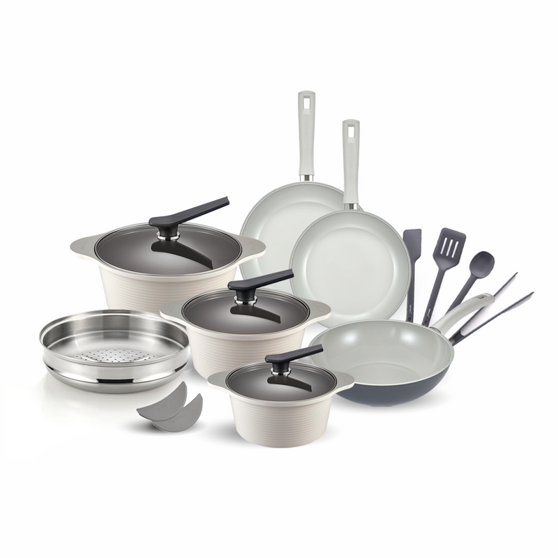 The Happycall 15-piece ceramic nonstick induction cookware set, featuring cream-coloured Onde pots, grey BlitZ pans, a steamer, utensils, and pot holders on a white background.
