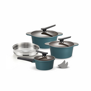 The 9-piece Happycall Onde ceramic nonstick induction pot set in an ocean green finish, showing the 18cm saucepan, 24cm pot, 28cm stockpot, a steamer, and pot holders.
