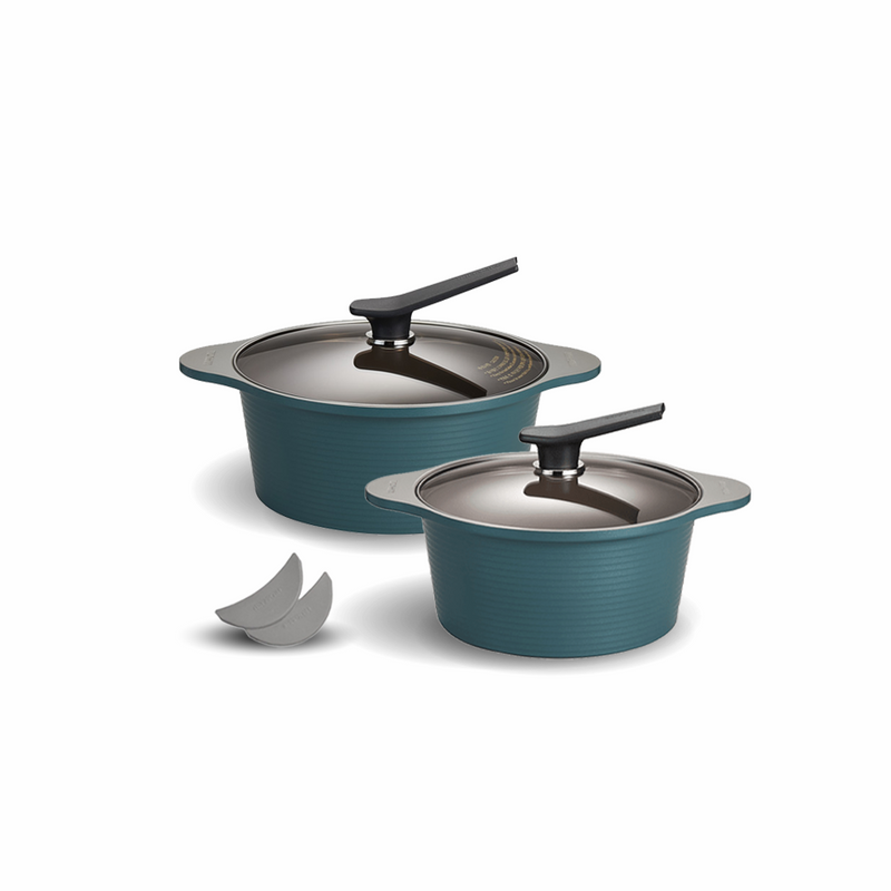 The Happycall Onde ceramic nonstick induction pot set in an ocean green finish, showing the 24cm and 28cm deep pots with matching lids, and a pair of silicone pot holders.
