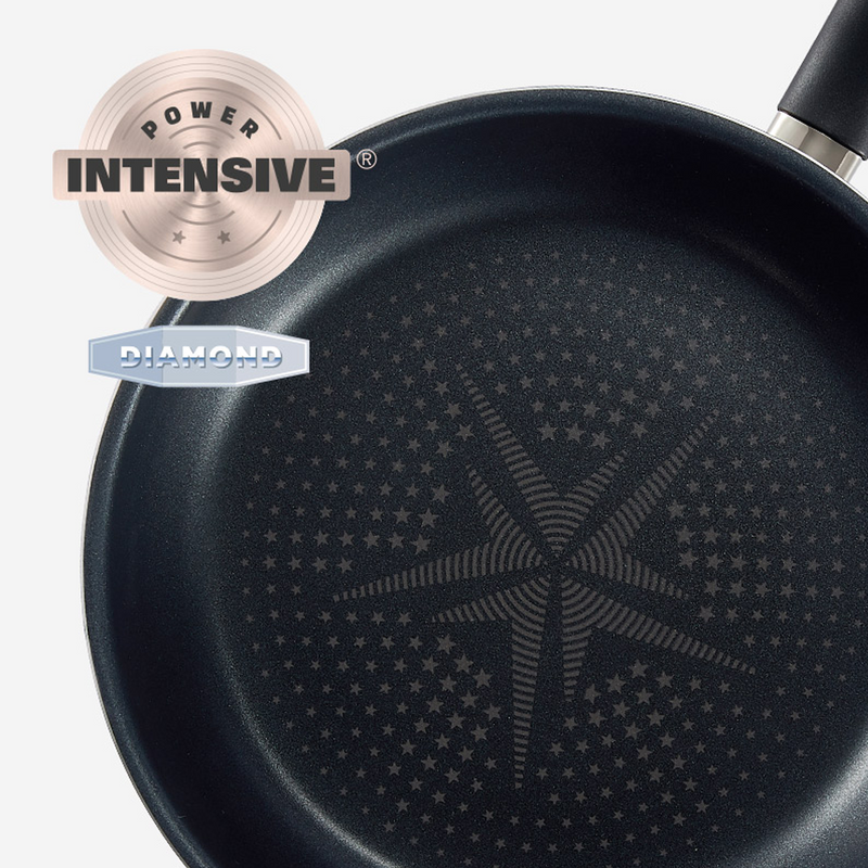 Close-up of the Happycall Solrais Wok interior showing star pattern and “Power Intensive Diamond” nonstick coating labels.


