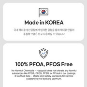 Made in Korea and 100% PFOA, PFOS Free certification graphics for Happycall cookware.


