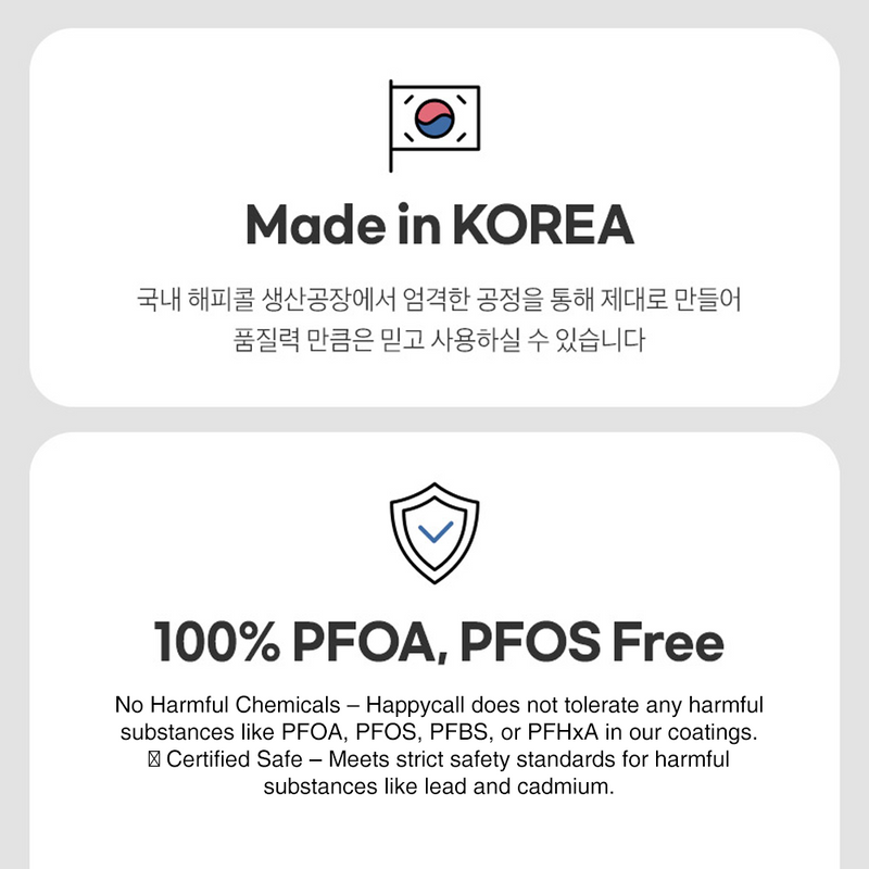Made in Korea and 100% PFOA, PFOS Free certification graphics for Happycall cookware.

