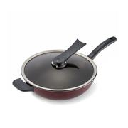 Happycall Solrais Diamond Nonstick Induction Wok with lid shown closed, featuring a maroon body and black handles.

