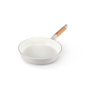 The 26cm Happycall Sonora ceramic nonstick induction frypan, showing its light grey exterior, patterned white interior, and natural wood handle.
